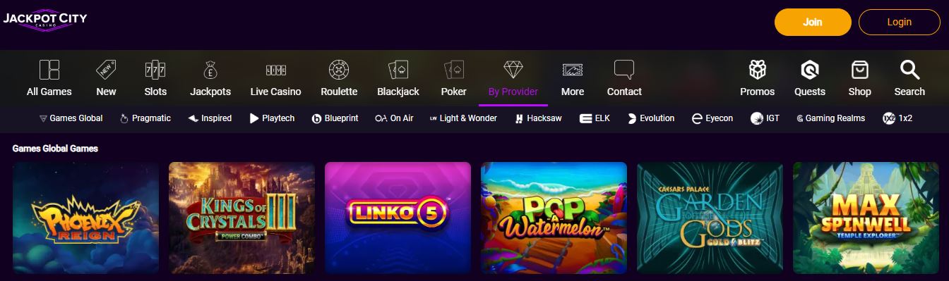Browse Games Global collection at JackpotCity casino homepage